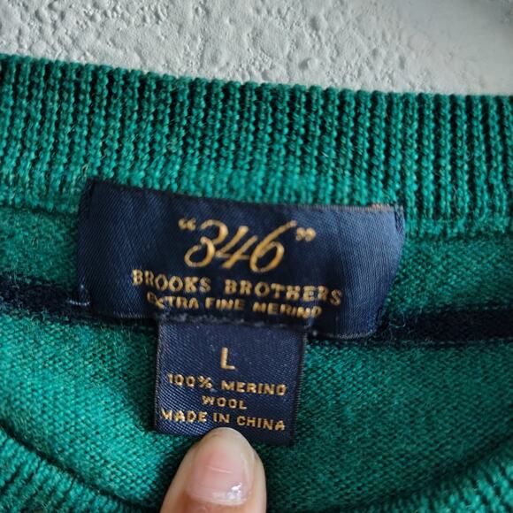 Brooks Brothers Mens Large Green Blue Stripe Crewneck Merino Wool Sweater Preppy - Picture 3 of 7